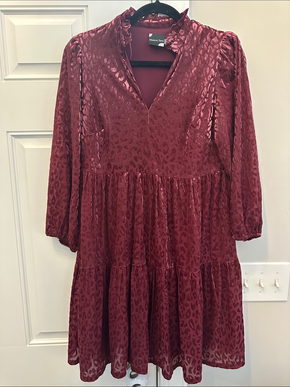 Maison Tara Burgundy Velvet Burnout Tiered Dress